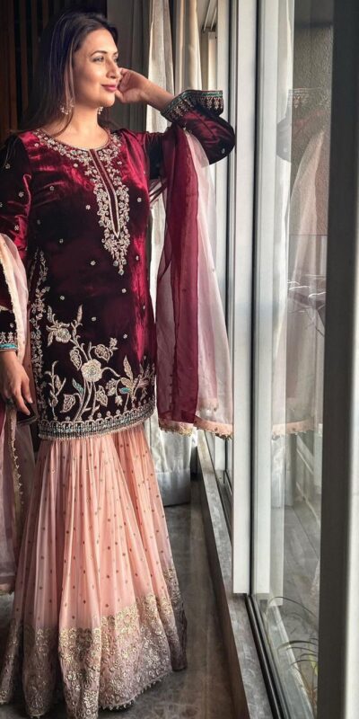 KD 1138 Maroon Top : Heavy Velvet Work : Thread Work Wedding, Party, Festive, Events Etc. Thread Work Sharara @2049 | Salwar suit, Casual Suits, Creative suits, Designer Suits, Palazzo Suits, Party Wear Suits, Straight Suits