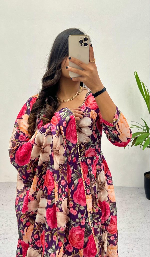 Pink Heavy Chinon Printed Gown with
Dupatta - Image 2