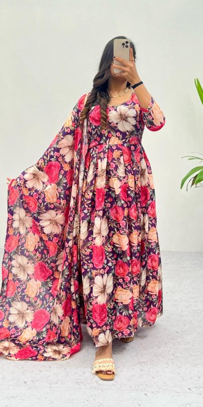 Ravishing Pink Color Heavy Chinon Printed Gown With Lace Border Dupatta