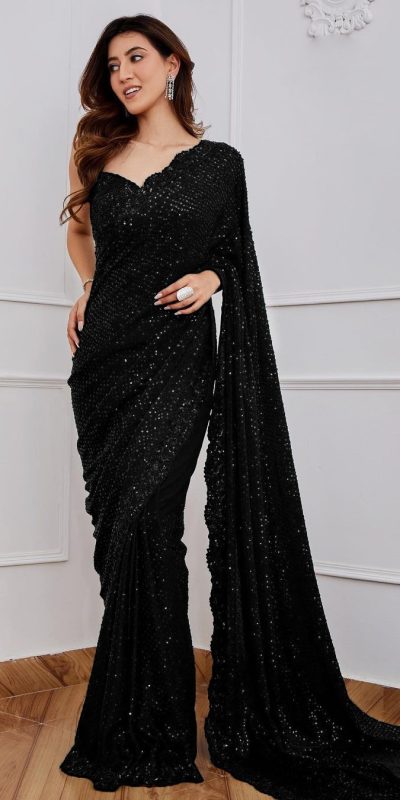 Classic Black Color Full Saree Of Georgette Sequins Work Saree