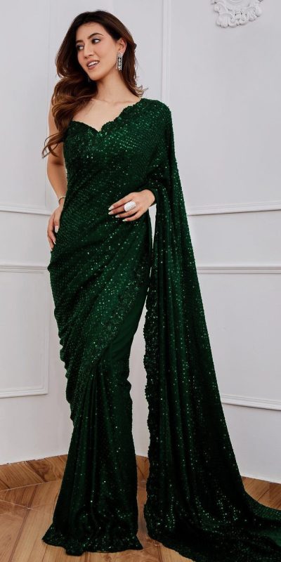 Classic Bottle Green Color Full Saree Of Georgette Sequins Work Saree
