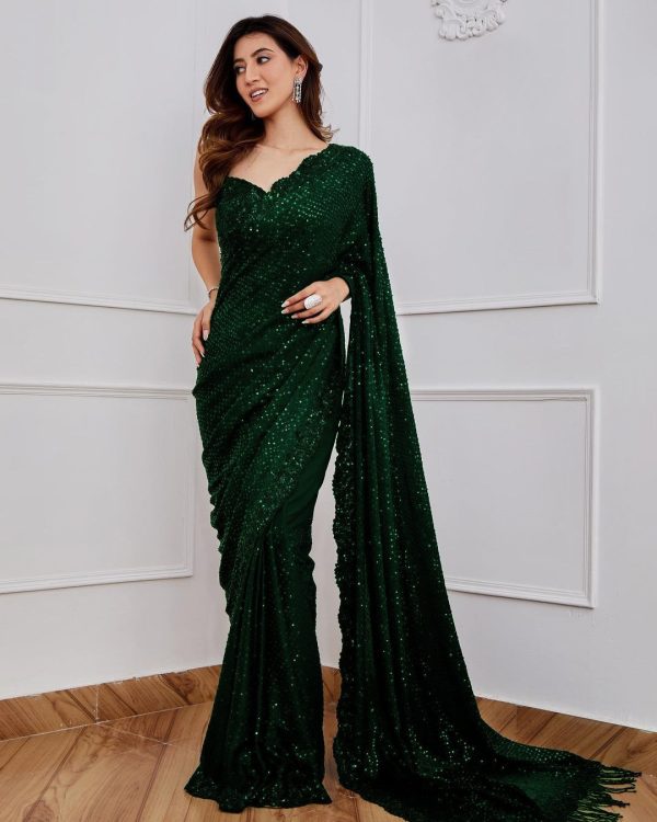 Classic Bottle Green Color Full Saree Of Georgette Sequins Work Saree