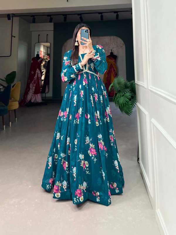 Pine Green Floral Georgette Printed Gown - Image 5