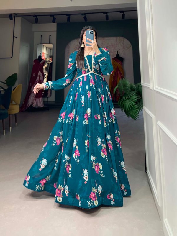 Pine Green Floral Georgette Printed Gown - Image 4