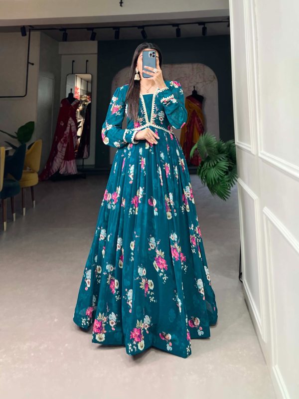 Classic Pine Green Color Exquisite Floral Print Georgette Party Wear Gown