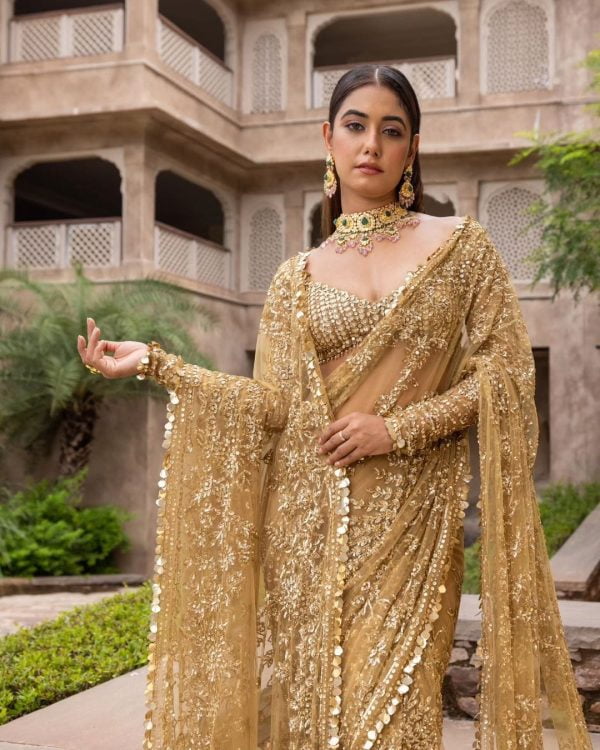 Dazzling Golden Color Mono Butterfly Net Embroidery work Saree