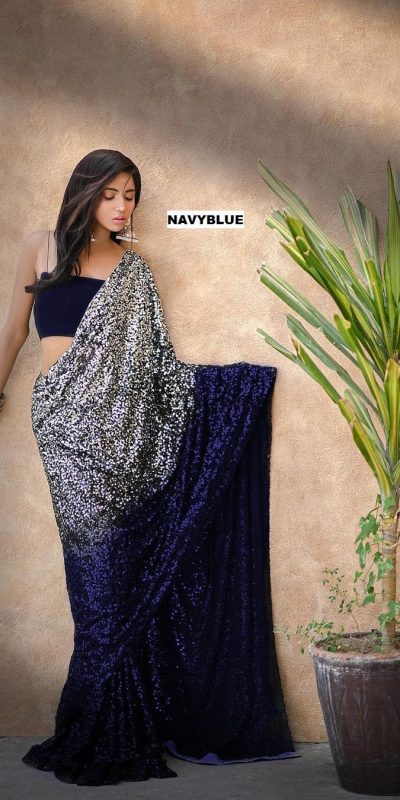 Entrancing Navy Blue Color Heavy 60 Gram Georgette Sequins Saree