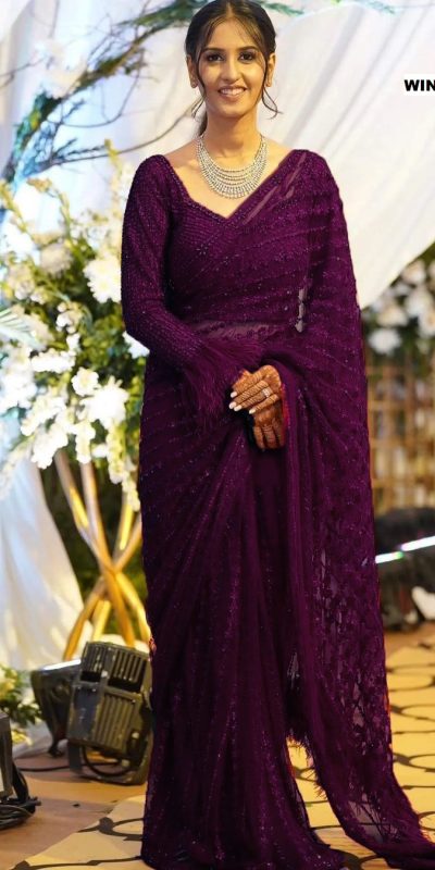 Glamorous Wine Color Heavy Quality Mono Net work Saree