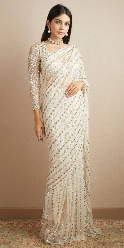 Gorgeous White Color Georgette Embroidery Sequence Work Saree