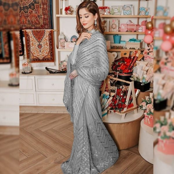Grey Georgette Multi Sequin Embroidered
Saree - Image 2