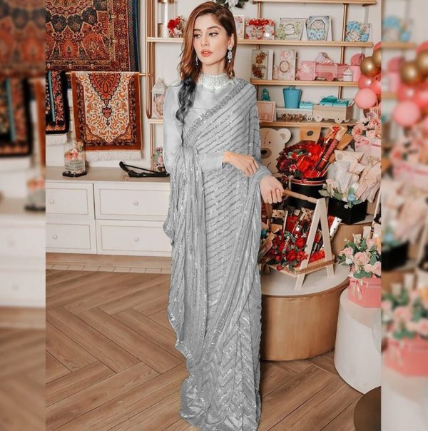 Stylish Grey Color Georgette Multi & Sequins Embroidery Work With Lace Border On Saree