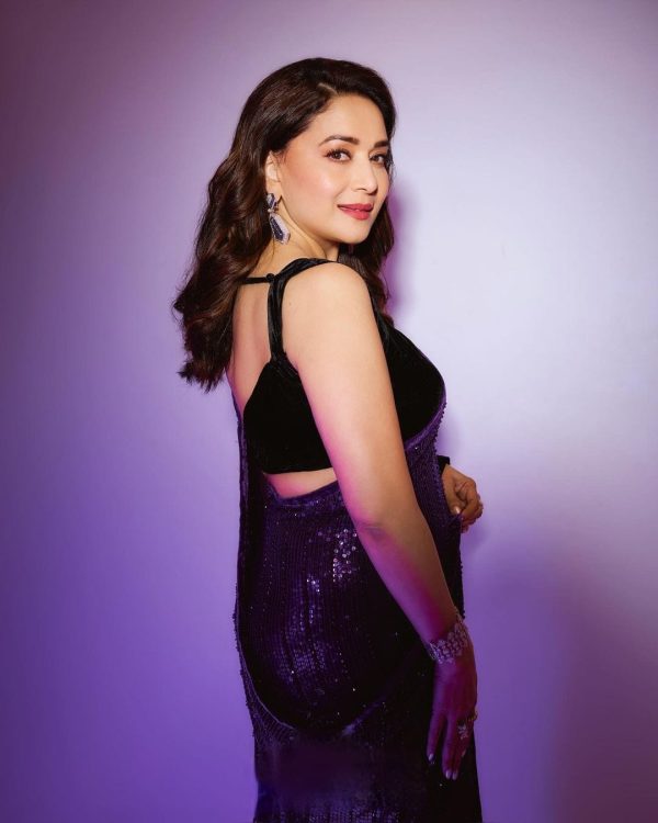 Madhuri Dixit Purple Color 60 Gram Georgette Sequins Work Saree