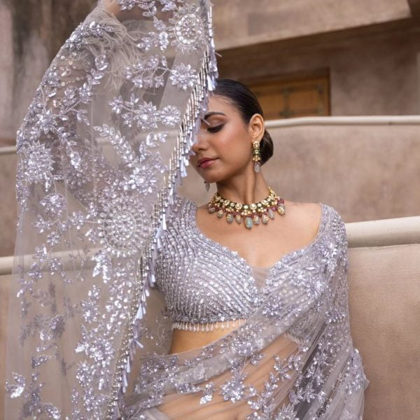 Miracle Grey Color Mono Net Sequins Embroidery work Saree