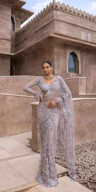 Miracle Grey Color Mono Net Sequins Embroidery work Saree