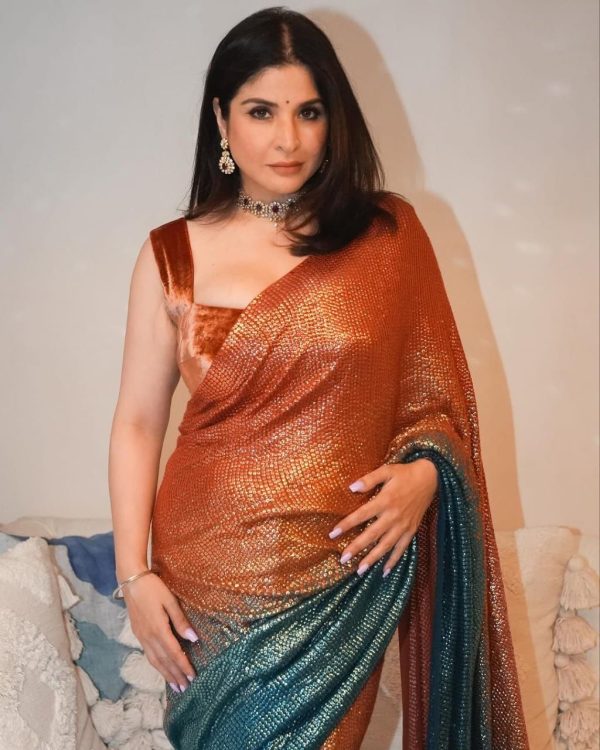 Orange Color Georgette Heavy Embroider Two Color Sequins Work Saree