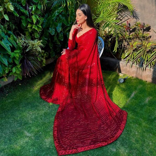 Perfectly Red Color Georgette Embroidery Sequence Work Saree