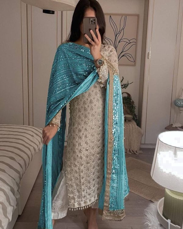 White Sequence Work Salwar Suit with Sky Blue Dupatta - Image 2