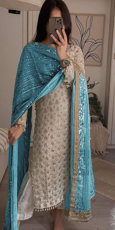 Pretty White Color Sequence Work Salwar Suit & Sky blue Dupatta