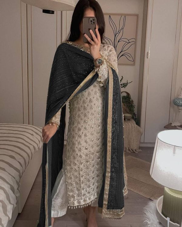 Pretty White Color Sequence Work Salwar Suit With Black Dupatta