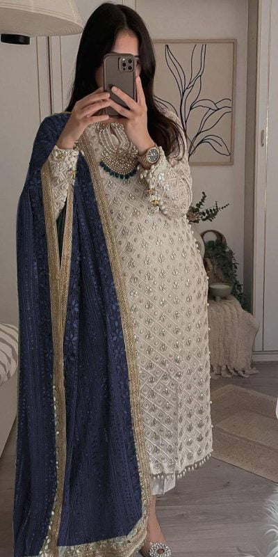 Pretty White Color Sequence Work Salwar Suit With Blue Dupatta