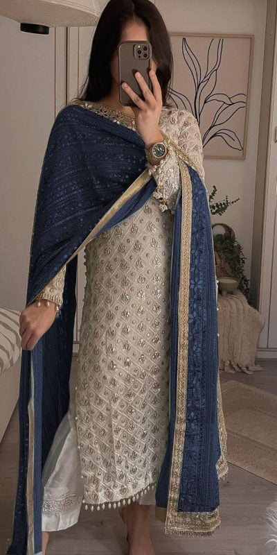 Pretty White Color Sequence Work Salwar Suit With Blue Dupatta