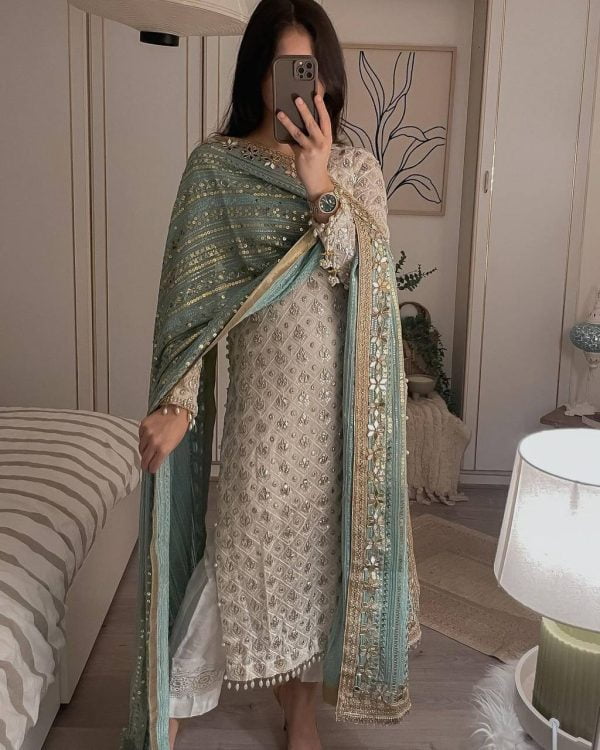 White Sequence Work Salwar Suit with Green Dupatta - Image 2