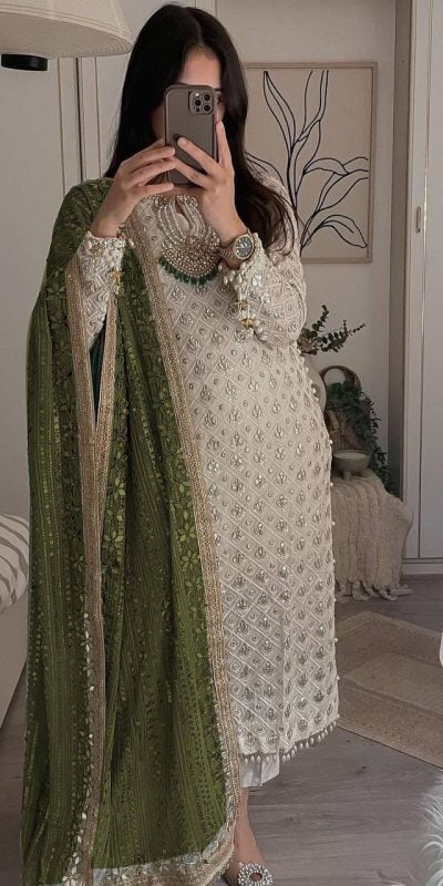 Pretty White Color Sequence Work Salwar Suit With Mehndi Dupatta