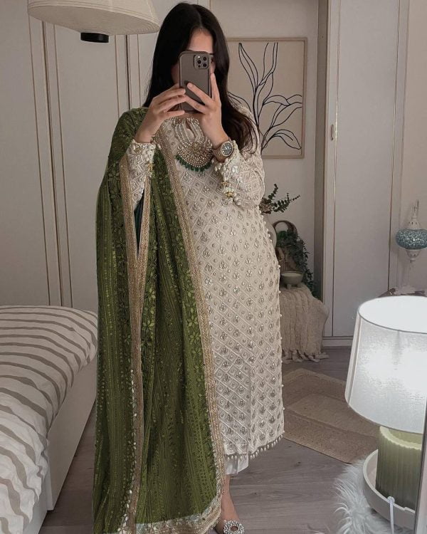Pretty White Color Sequence Work Salwar Suit With Mehndi Dupatta