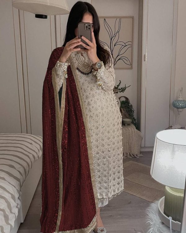 Pretty White Color Sequence Work Salwar Suit With Maroon Dupatta