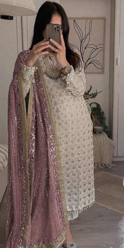 Pretty White Color Sequence Work Salwar Suit With Pink Dupatta