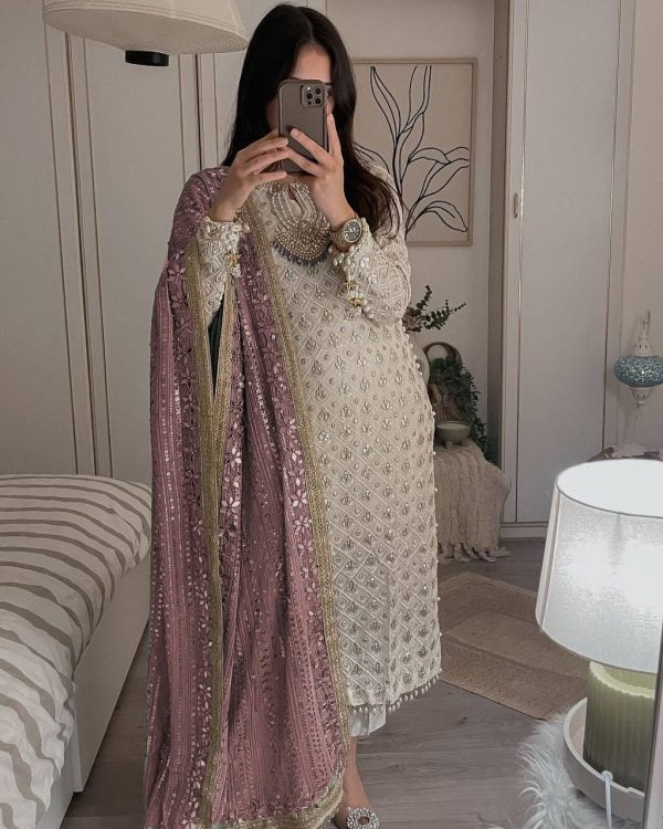 Pretty White Color Sequence Work Salwar Suit With Pink Dupatta