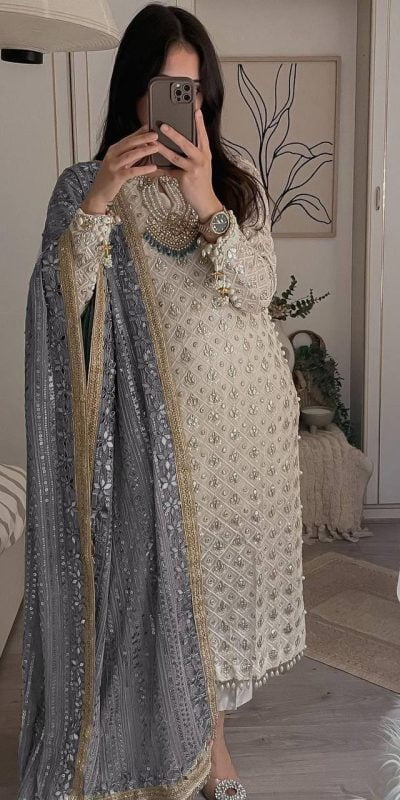 Pretty White Color Sequence Work Salwar Suit With Violet Dupatta