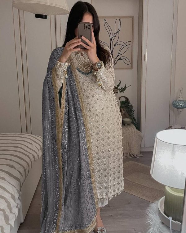 Pretty White Color Sequence Work Salwar Suit With Violet Dupatta