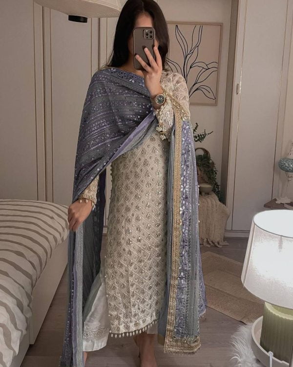 Pretty White Color Sequence Work Salwar Suit With Violet Dupatta