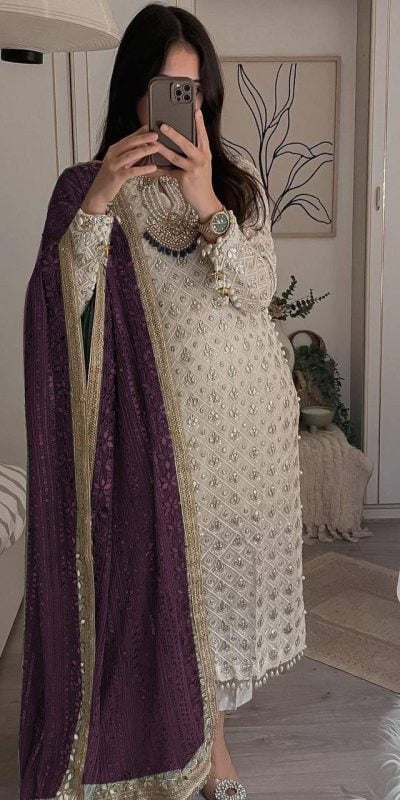 Pretty White Color Sequence Work Salwar Suit With Wine Dupatta