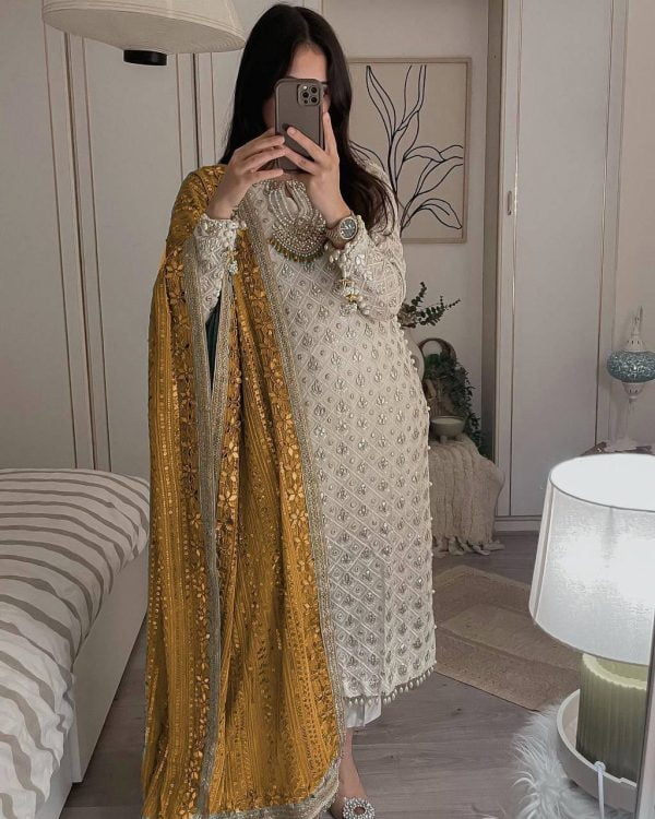 White Sequence Work Salwar Suit with Yellow Dupatta - Image 2