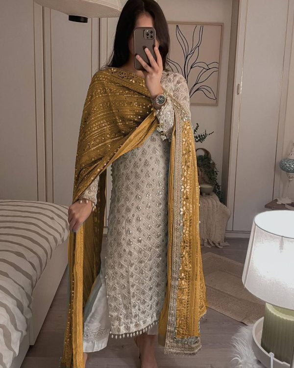 Pretty White Color Sequence Work Salwar Suit With Yellow Dupatta