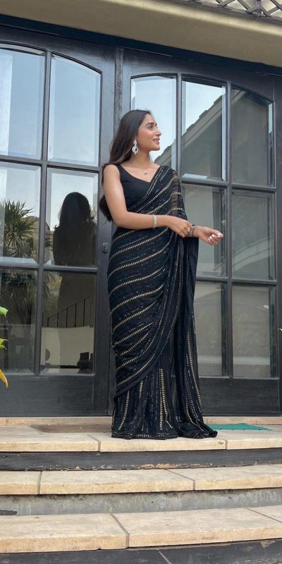 Simple Black Color Georgette Sequence Work With Peiping Saree