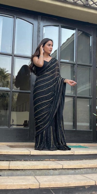 Simple Black Color Georgette Sequence Work With Peiping Saree