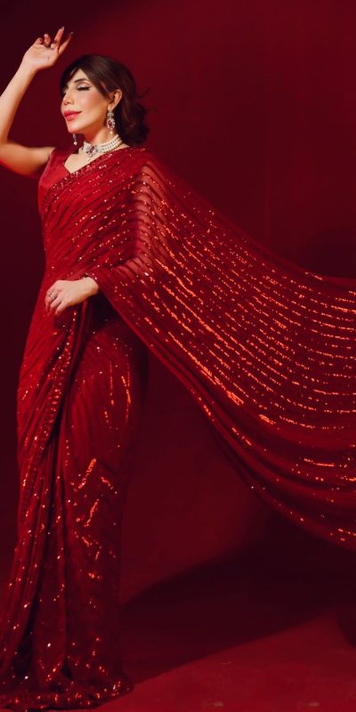 Stylish Red Color Georgette Embroidery Sequence Work Saree