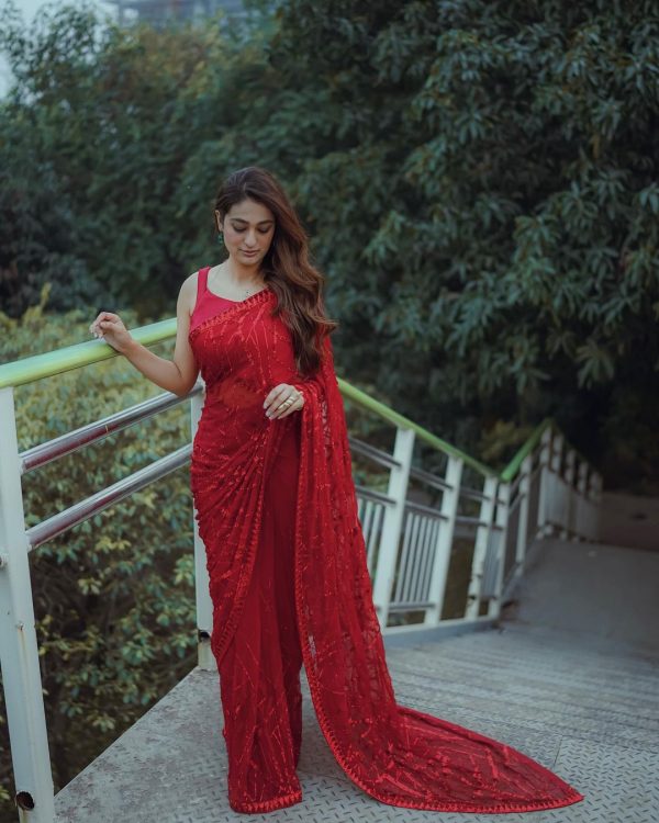 Stylish Red Color Heavy quality 60 gram Georgette, multy & Sequins Embroidery work With Lace border On saree