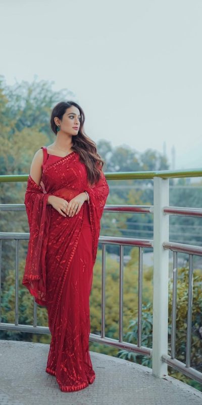 Stylish Red Color Georgette Multi & Sequins Embroidery Work With Lace Border On Saree