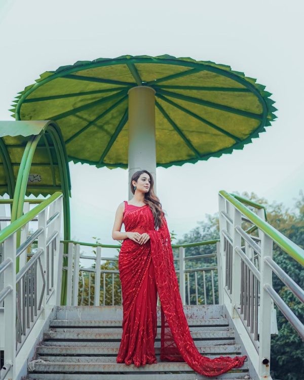 Red Georgette Multi Sequin Embroidered
Saree - Image 2