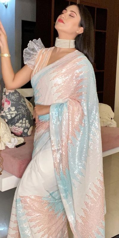 Stylish White Color Soft georgette shaded sequence work Saree