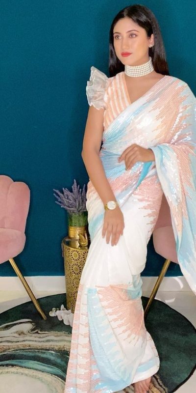 Stylish White Color Soft georgette shaded sequence work Saree