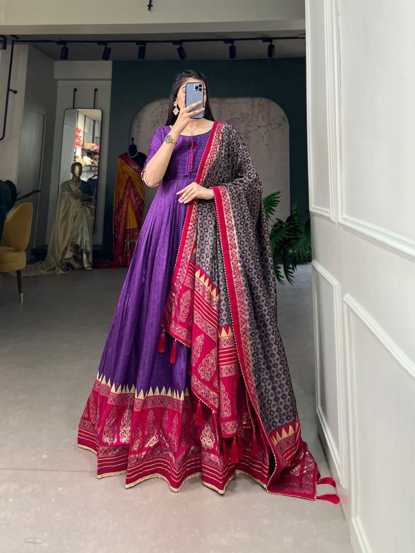 Traditional Wear Purple Color Tussar Silk Foil Printed Gown