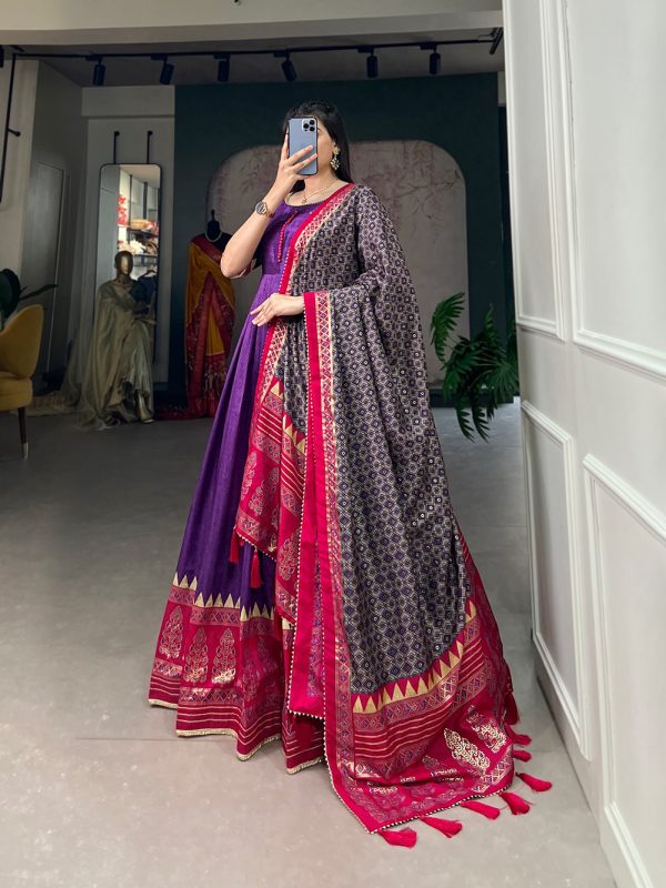 Traditional Wear Purple Color Tussar Silk Foil Printed Gown