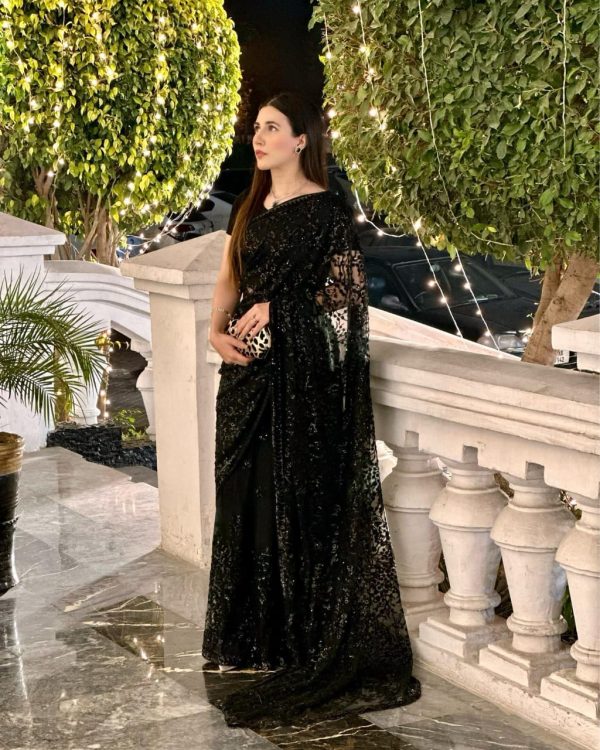 Perfectly Formed Black Color Georgette Adornment of Sequence work Lace Saree