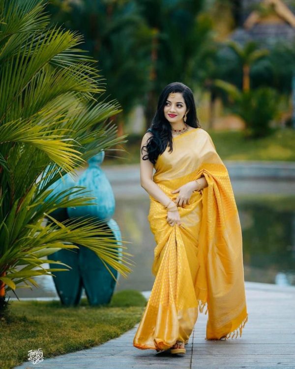 KP 3095 Yellow Color Lichi Silk Jacquard Work Beautiful Saree Casual, Party Wear, Wedding, Events Etc. Expected Delivery 4-6 Working Days @1399/- | Sarees, Bollywood Sarees, Creative Sarees, Designer Sarees, Embroidered Sarees, Ethnic Saree, Modern Digital sarees, Party Wear Sarees