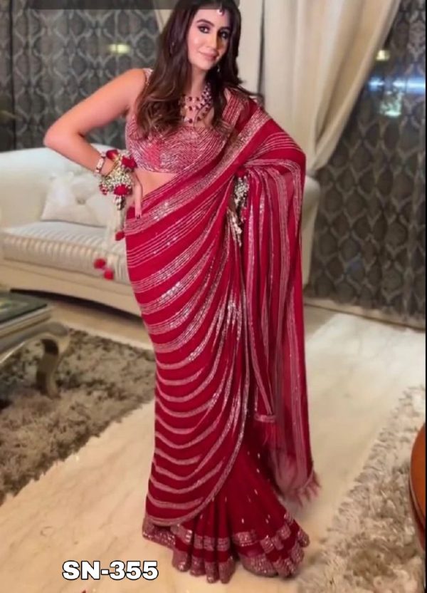 Red Georgette Embroidery Pallu Saree - Image 2